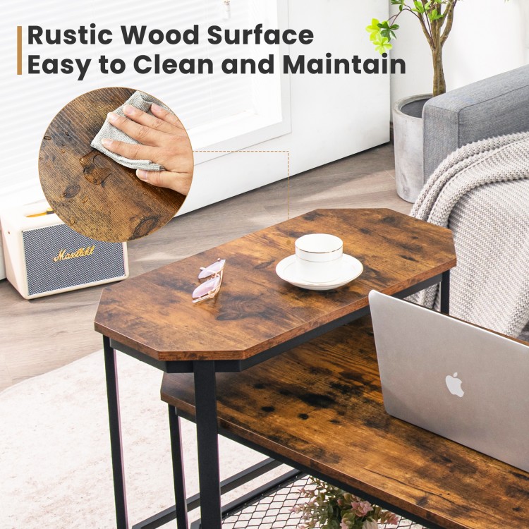 Narrow end side sofa table with rustic brown tabletop and heavy-duty steel frame, perfect for living room or bedroom.